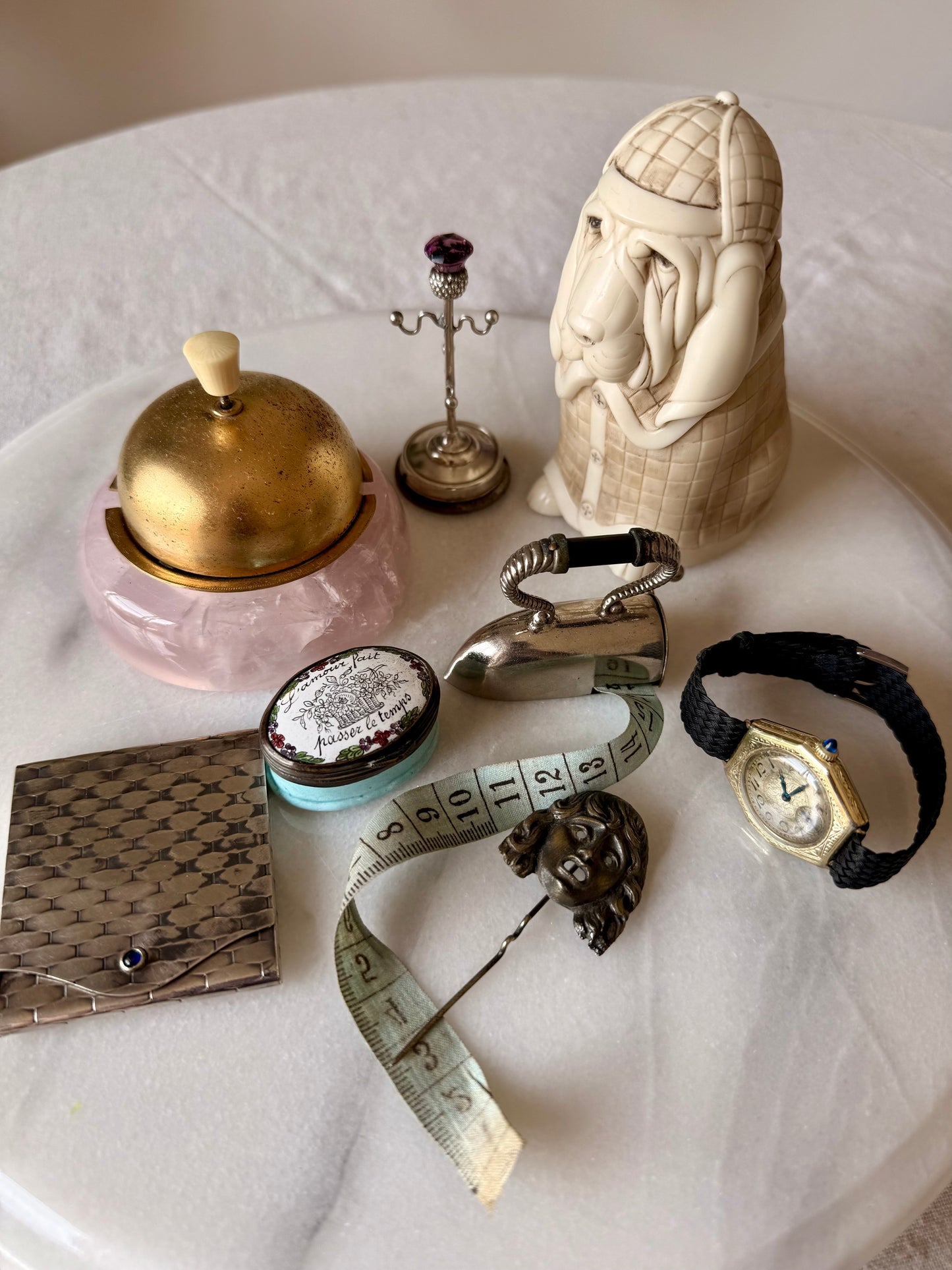 Antique Gilded Desk Bell with Rose Quartz Base