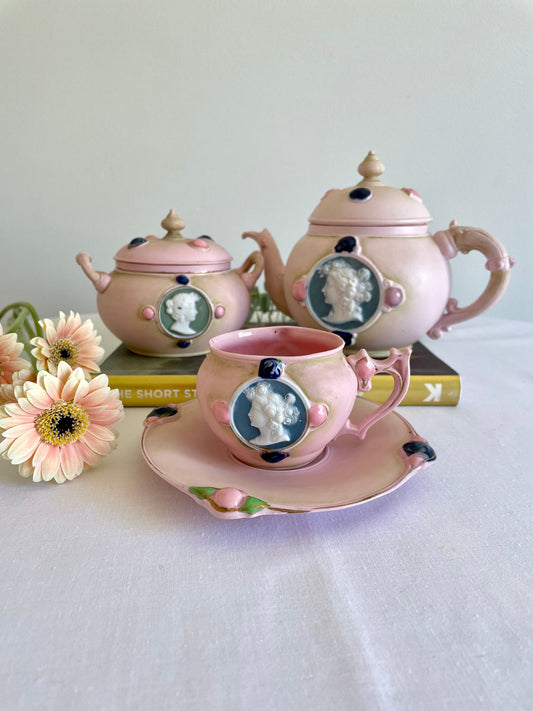 Antique Schafer and Vater pink Bisque Jasper Ware Tea Set
