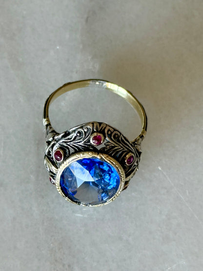 Antique Sapphire and Rubies Statement Ring in 18k Gold and Silver