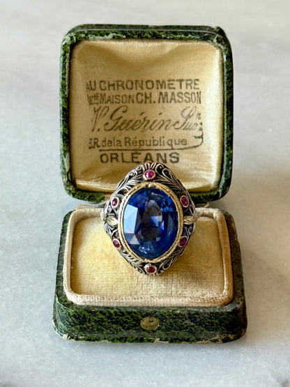 Antique Sapphire and Rubies Statement Ring in 18k Gold and Silver