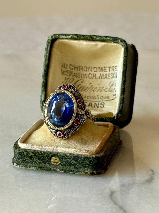 Antique Sapphire and Rubies Statement Ring in 18k Gold and Silver