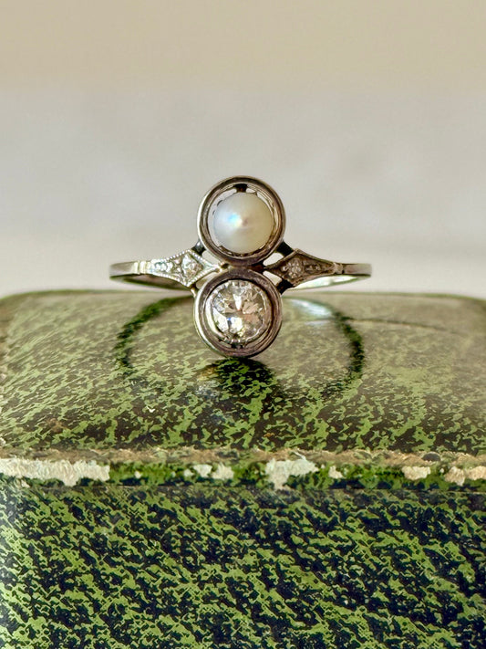 Antique Toi et Moi 14k Old Cut Diamond and Pearl Ring