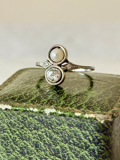 Antique Toi et Moi 14k Old Cut Diamond and Pearl Ring