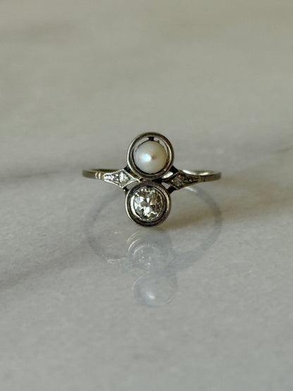 Antique Toi et Moi 14k Old Cut Diamond and Pearl Ring