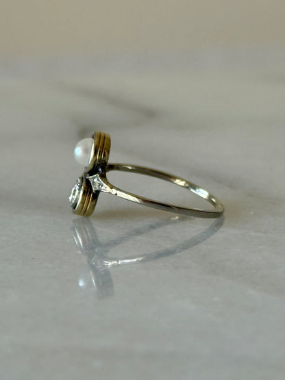 Antique Toi et Moi 14k Old Cut Diamond and Pearl Ring