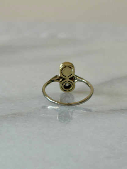 Antique Toi et Moi 14k Old Cut Diamond and Pearl Ring