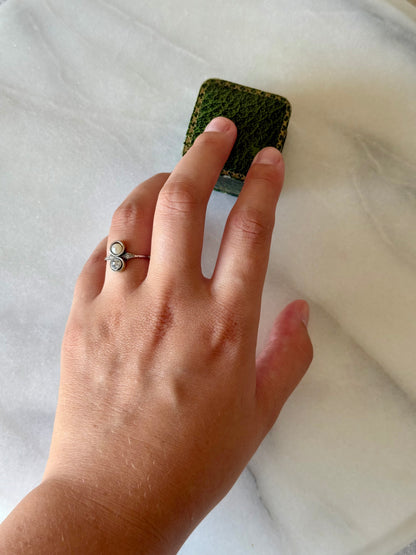 Antique Toi et Moi 14k Old Cut Diamond and Pearl Ring
