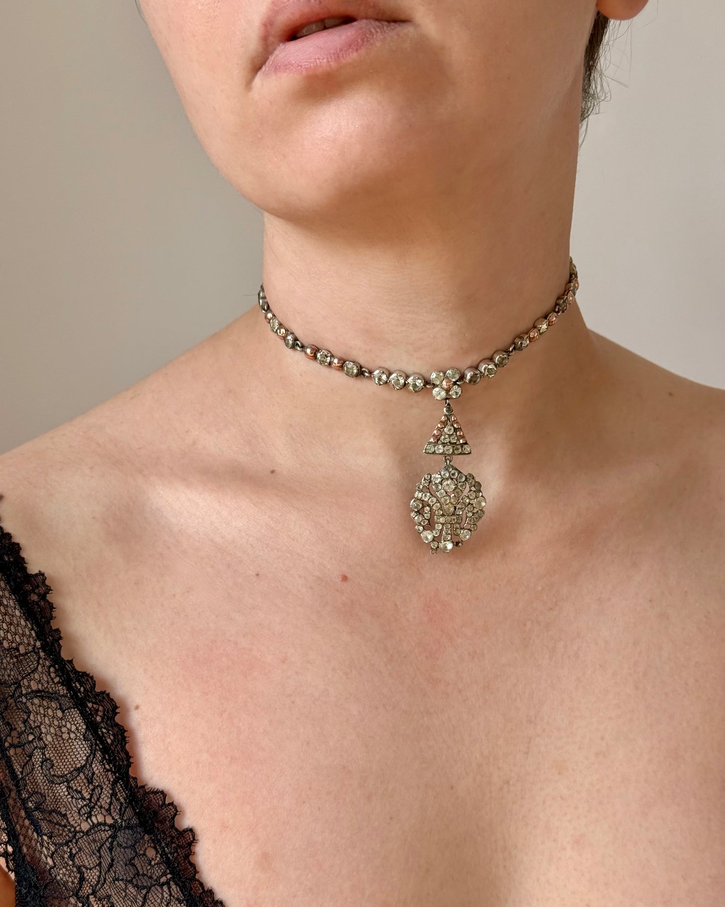 Antique Georgian Choker with Black Dot Paste and Fleur-de-Lis Pendant
