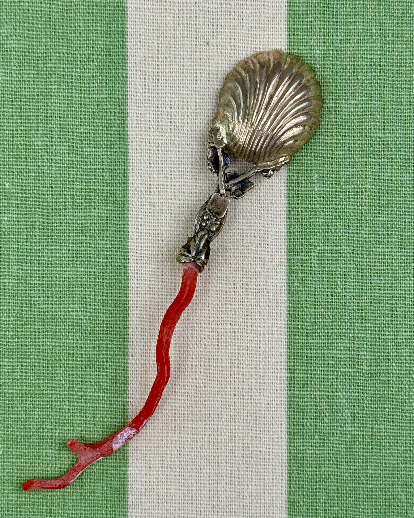 Vintage Silver Salt Spoon with Genuine Coral Handle