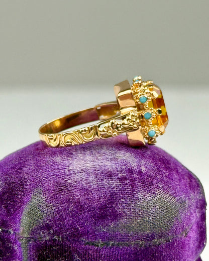 Vintage Citrine & Turquoise 19.2k Gold Cocktail Ring