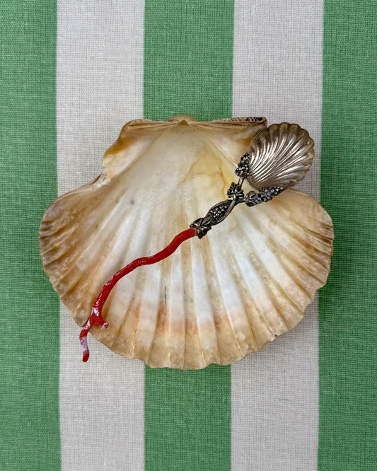 Vintage Silver Salt Spoon with Genuine Coral Handle
