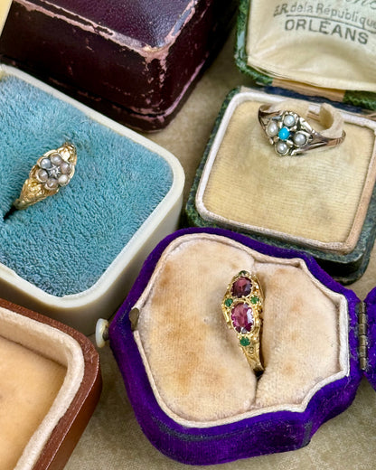 Antique Victorian Turquoise & Seed Pearl Ring, Low Carat Gold