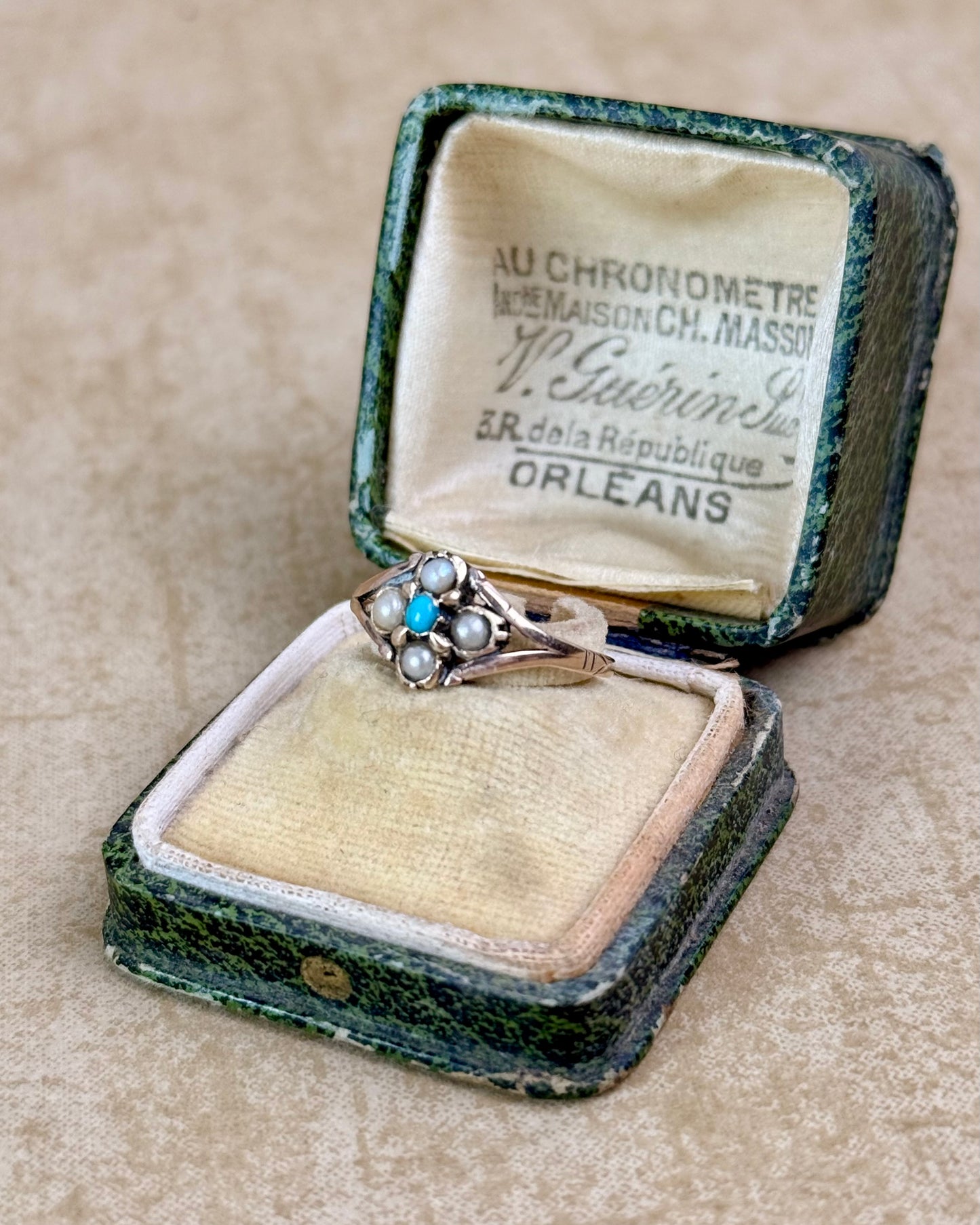 Antique Victorian Turquoise & Seed Pearl Ring, Low Carat Gold