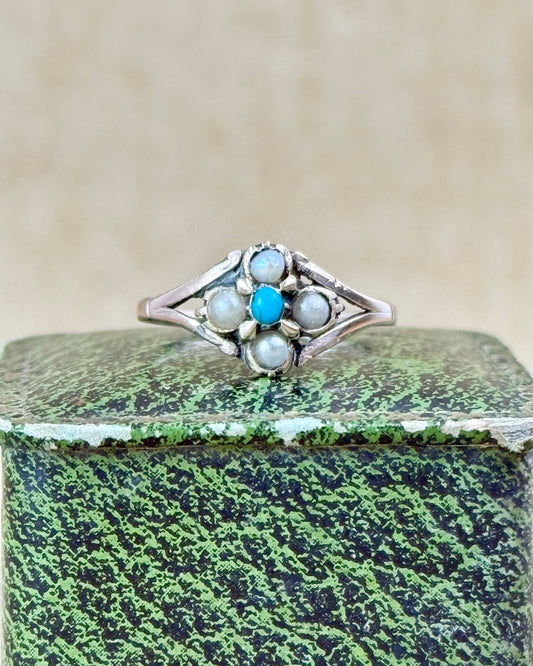 Antique Victorian Turquoise & Seed Pearl Ring, Low Carat Gold