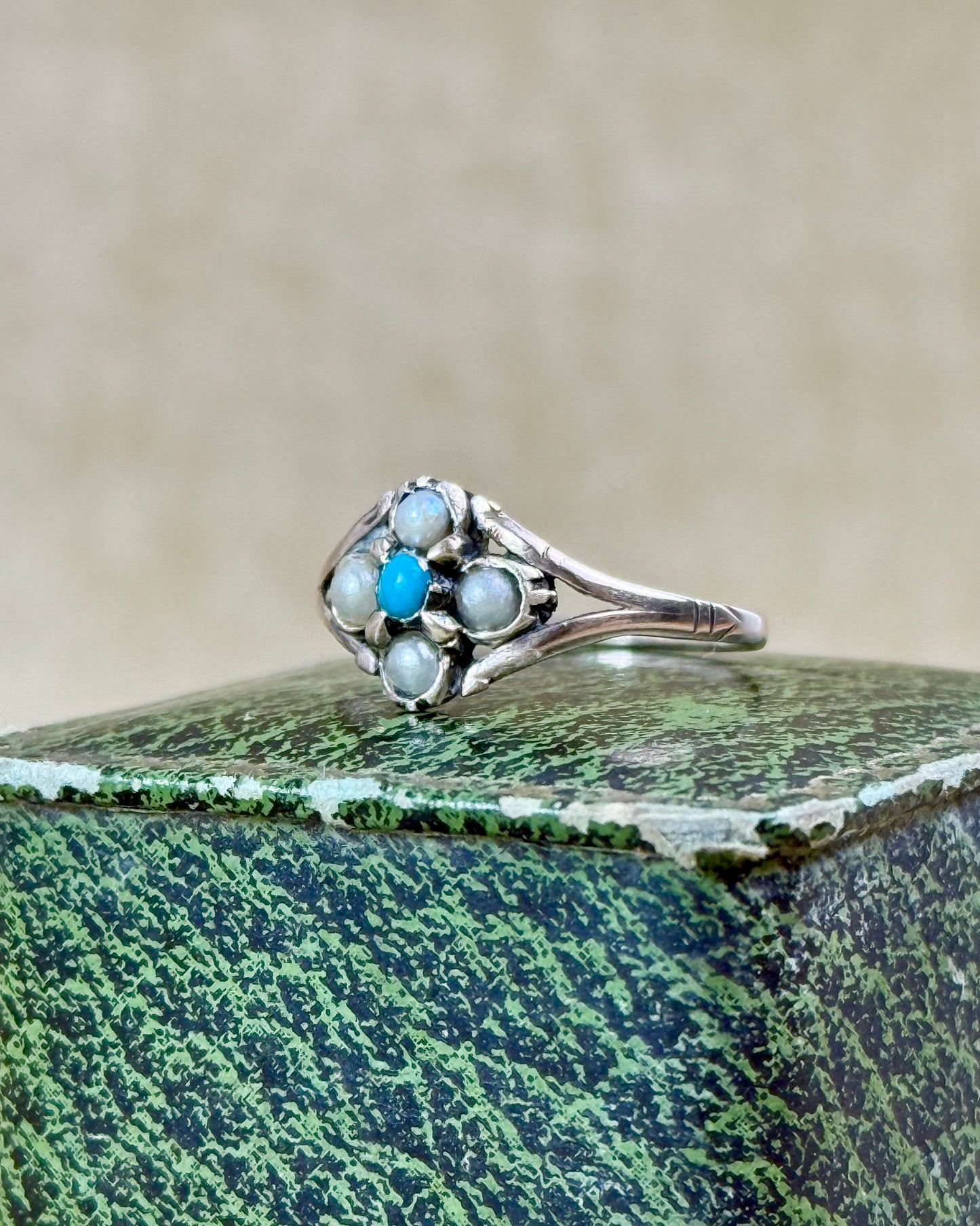 Antique Victorian Turquoise & Seed Pearl Ring, Low Carat Gold