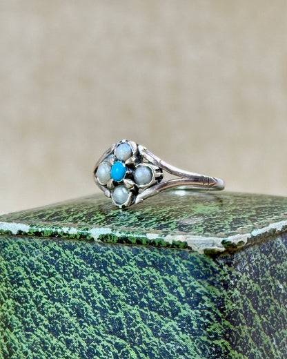 Antique Victorian Turquoise & Seed Pearl Ring, Low Carat Gold