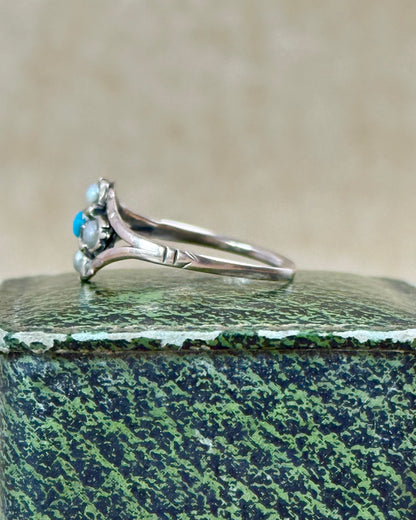 Antique Victorian Turquoise & Seed Pearl Ring, Low Carat Gold