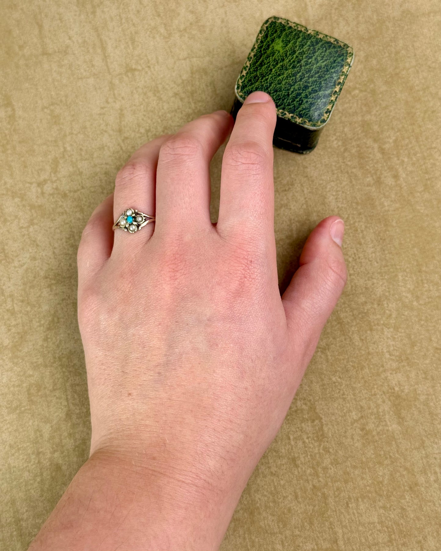 Antique Victorian Turquoise & Seed Pearl Ring, Low Carat Gold