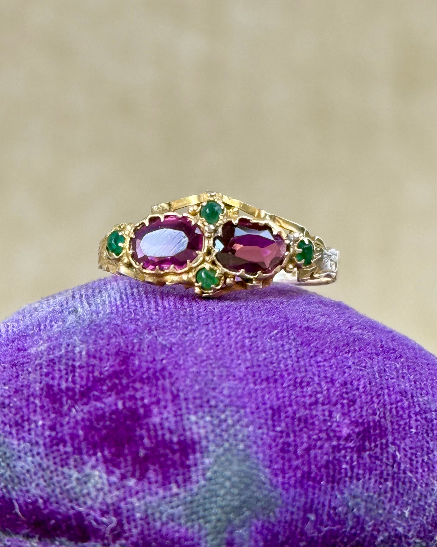 Victorian 12ct Gold Garnet and Emerald Double Cluster Ring, 1869