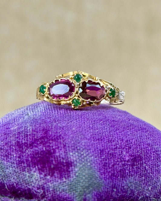 Victorian 12ct Gold Garnet and Emerald Double Cluster Ring, 1869