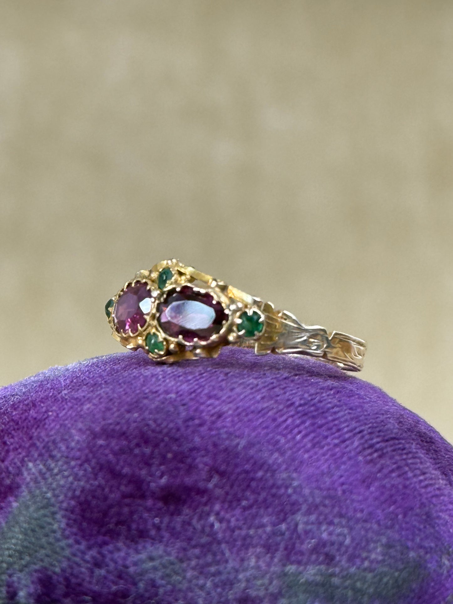 Victorian 12ct Gold Garnet and Emerald Double Cluster Ring, 1869