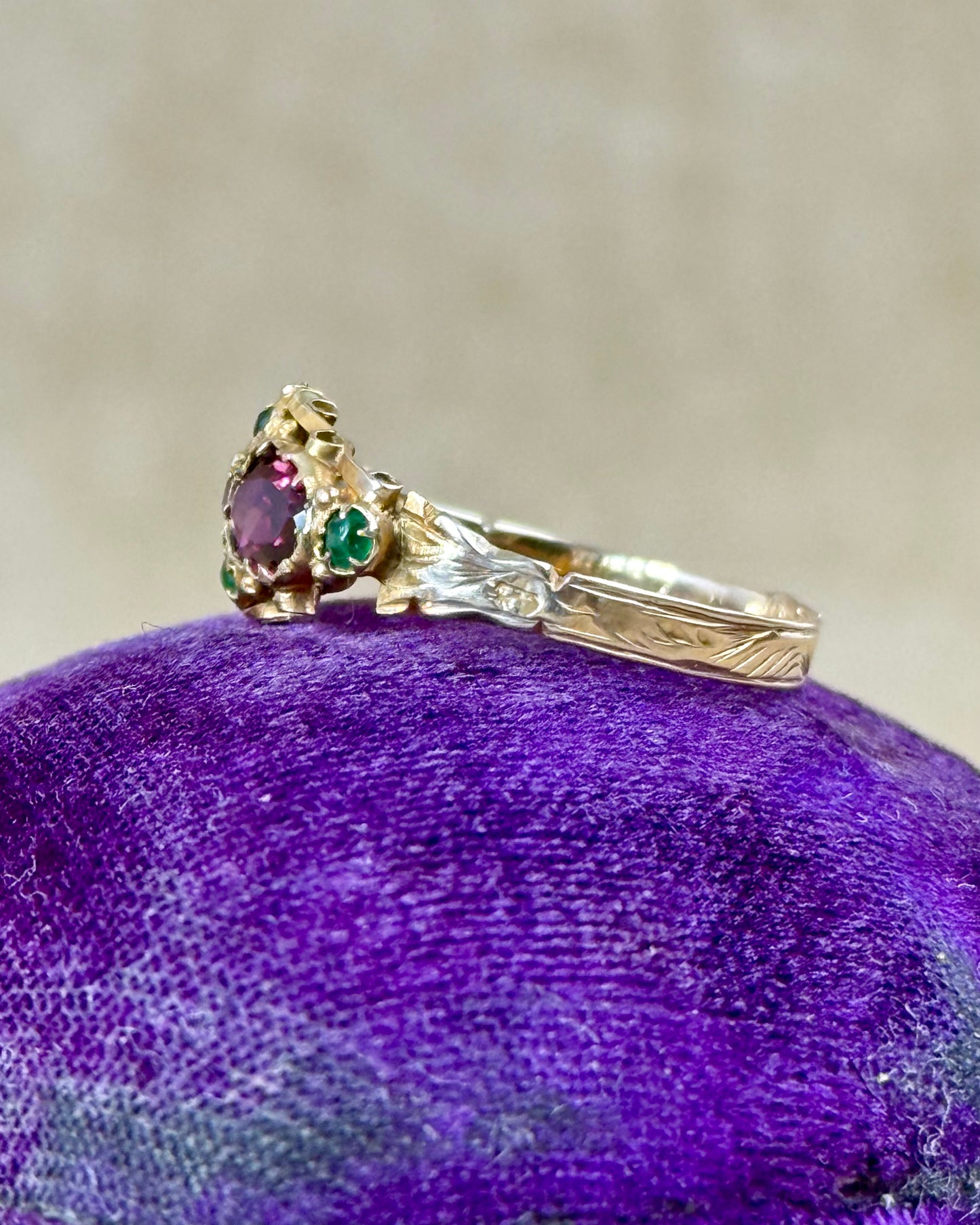 Victorian 12ct Gold Garnet and Emerald Double Cluster Ring, 1869