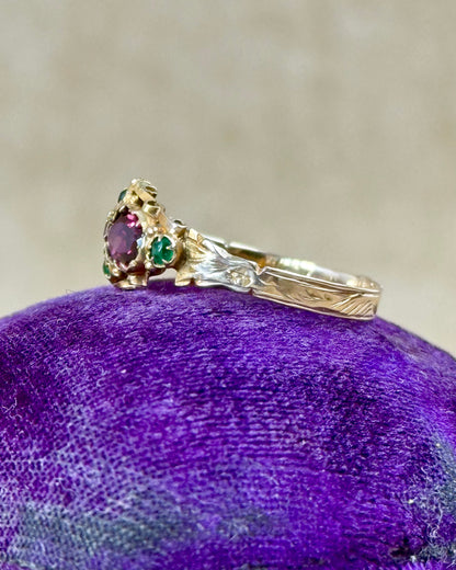 Victorian 12ct Gold Garnet and Emerald Double Cluster Ring, 1869