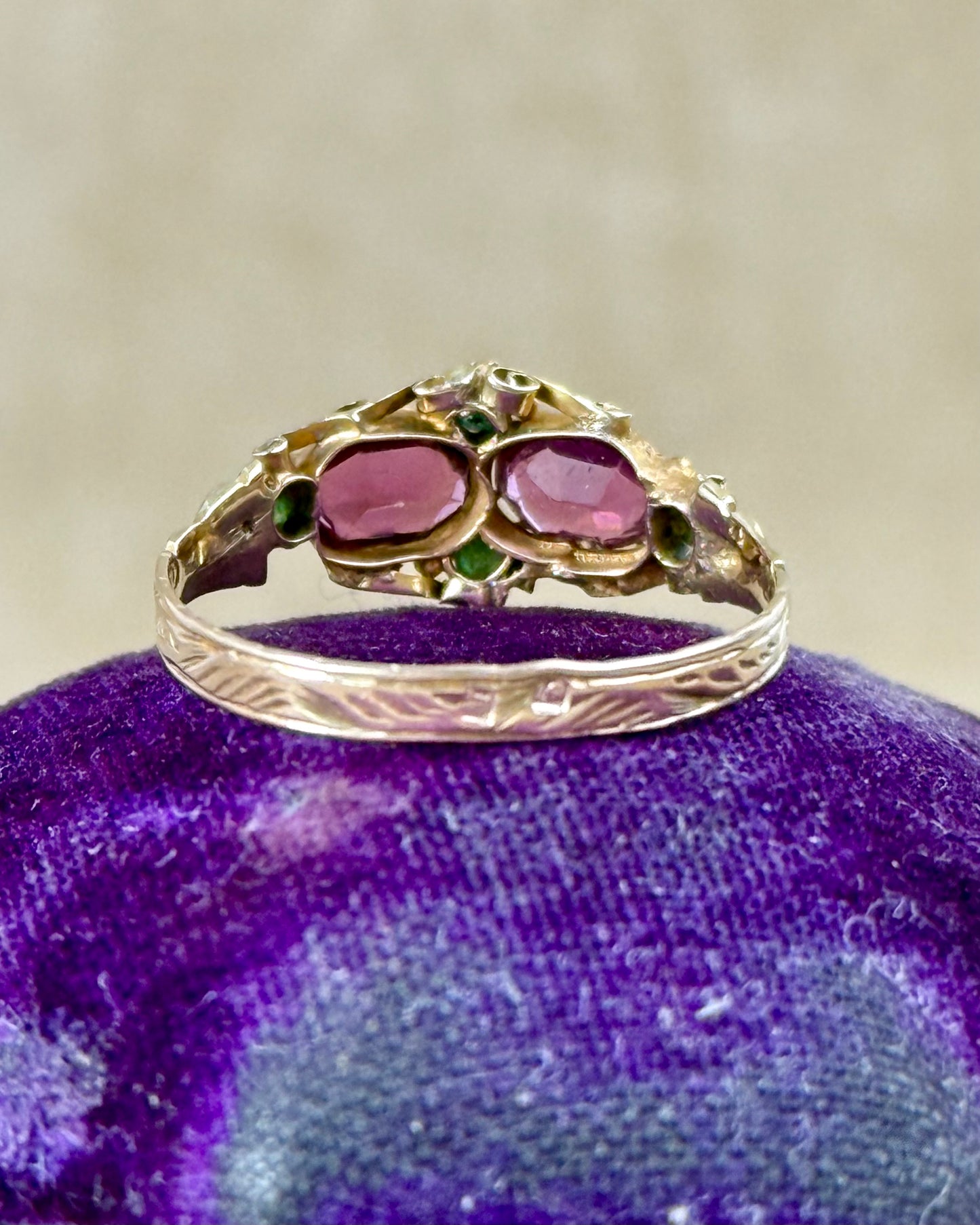 Victorian 12ct Gold Garnet and Emerald Double Cluster Ring, 1869