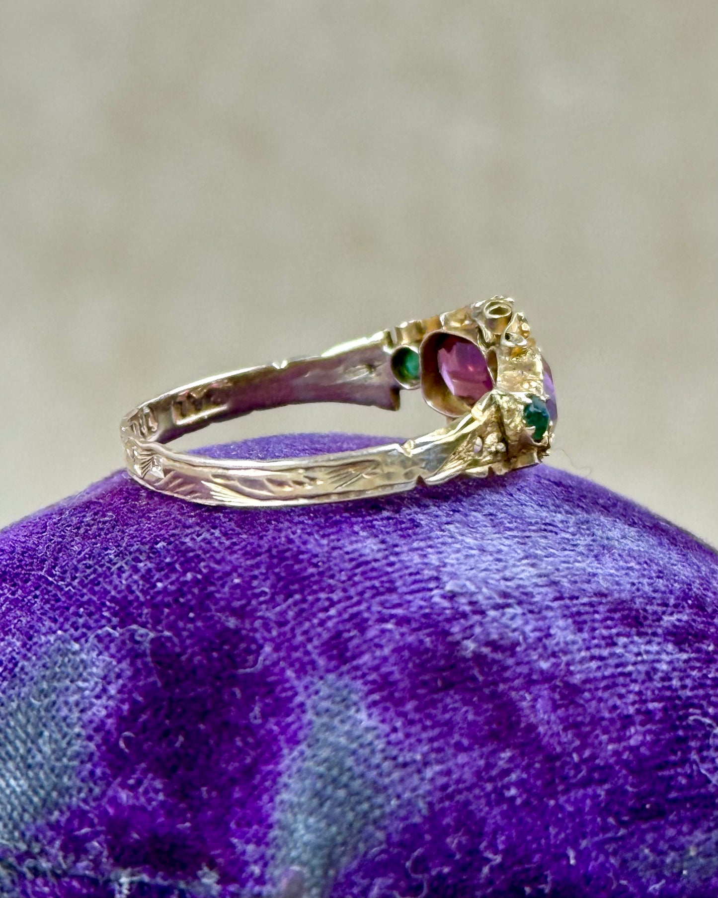 Victorian 12ct Gold Garnet and Emerald Double Cluster Ring, 1869