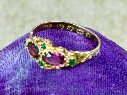 Victorian 12ct Gold Garnet and Emerald Double Cluster Ring, 1869