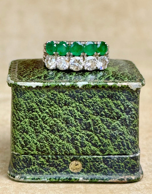 Vintage 19.2k White Gold Emerald and Diamond Two-Row Band Ring