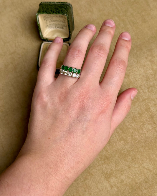Vintage 19.2k White Gold Emerald and Diamond Two-Row Band Ring