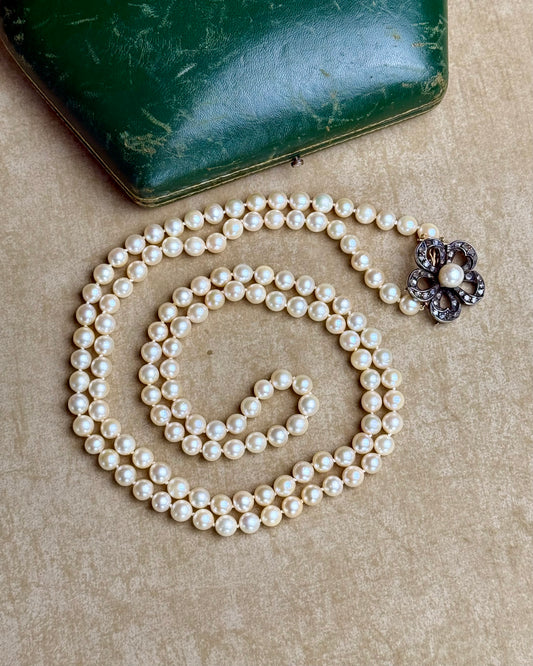 Antique Rose-Cut Diamonds and Pearls Opera Necklace
