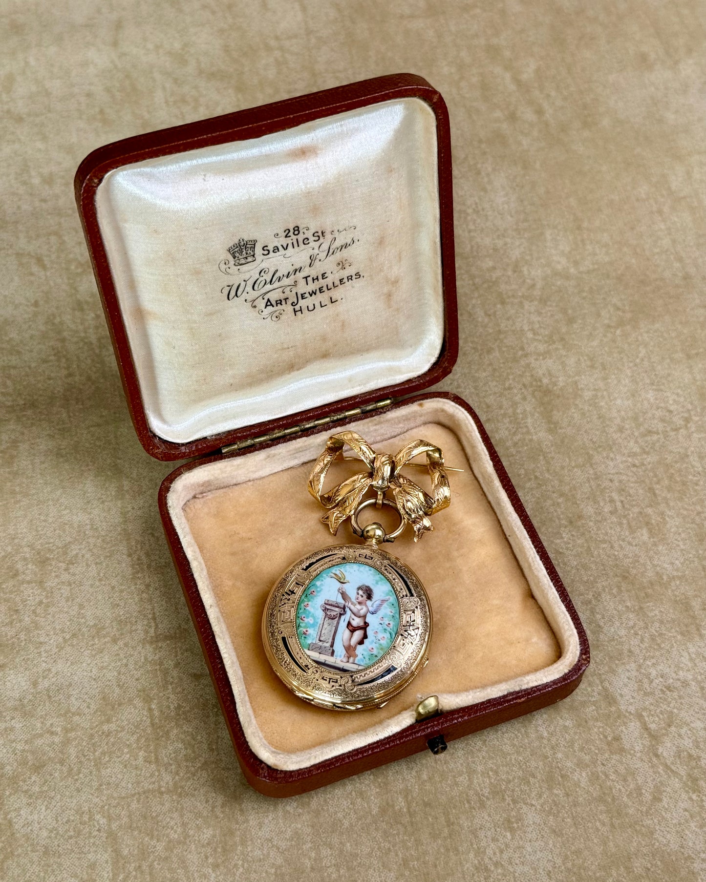 Antique 14k Gold and Enamel Pendant Watch with Matching Bow Brooch