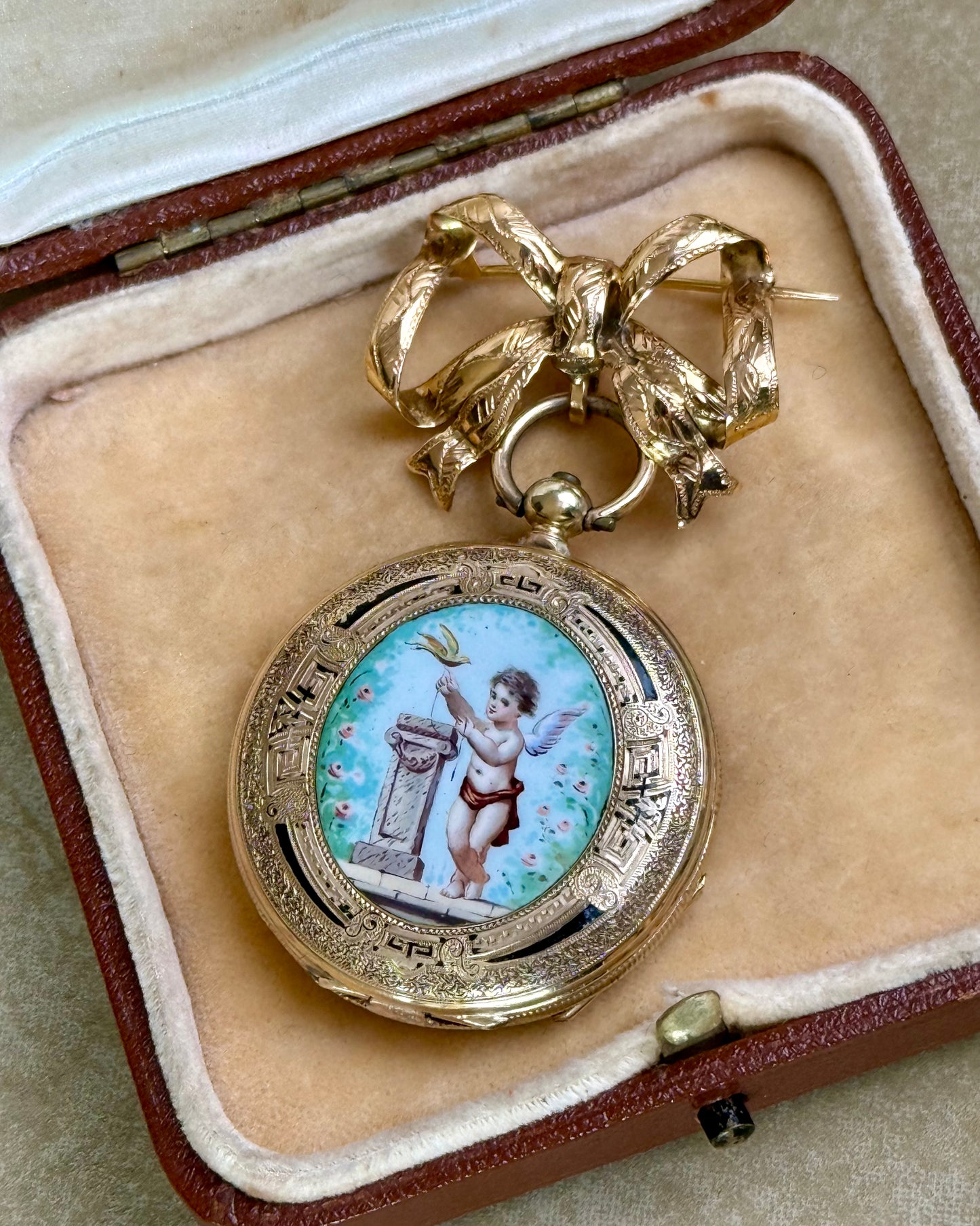 Antique 14k Gold and Enamel Pendant Watch with Matching Bow Brooch