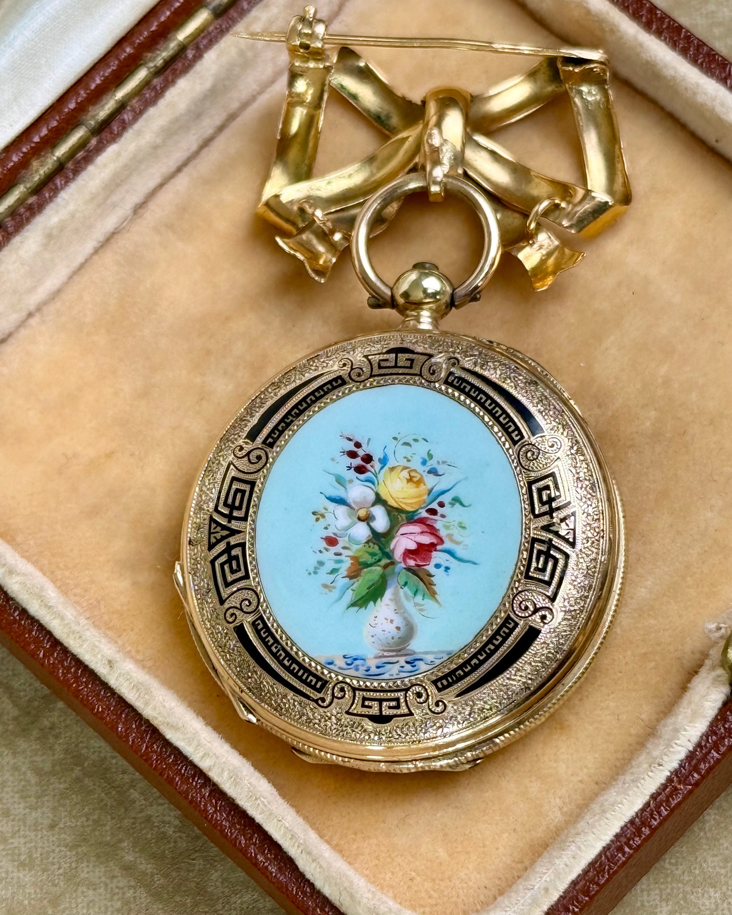 Antique 14k Gold and Enamel Pendant Watch with Matching Bow Brooch