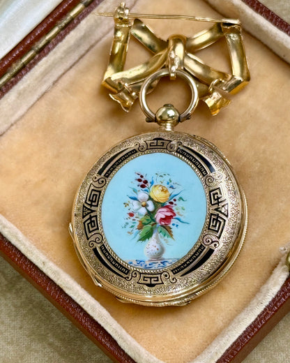 Antique 14k Gold and Enamel Pendant Watch with Matching Bow Brooch