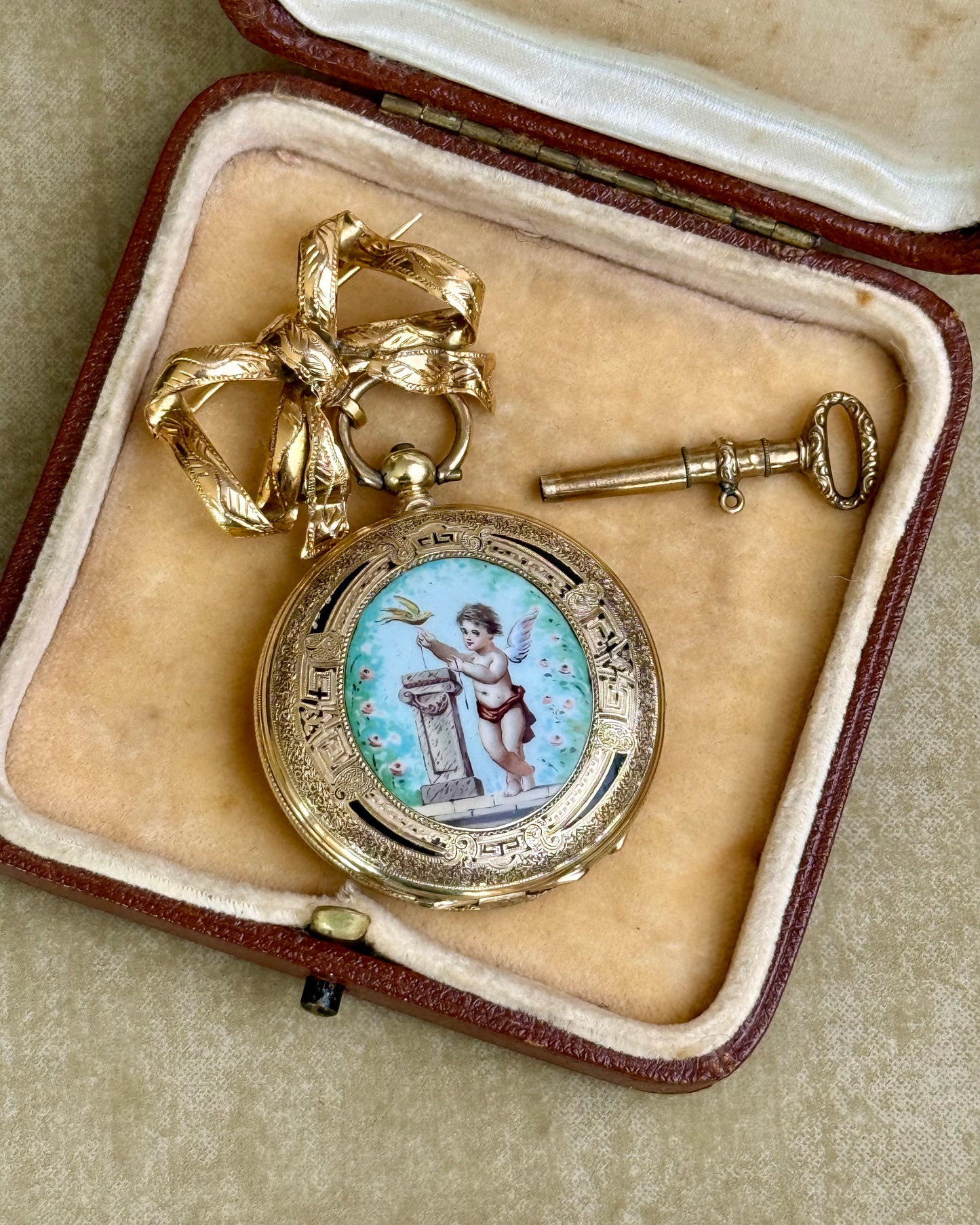 Antique 14k Gold and Enamel Pendant Watch with Matching Bow Brooch