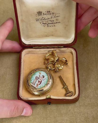 Antique 14k Gold and Enamel Pendant Watch with Matching Bow Brooch