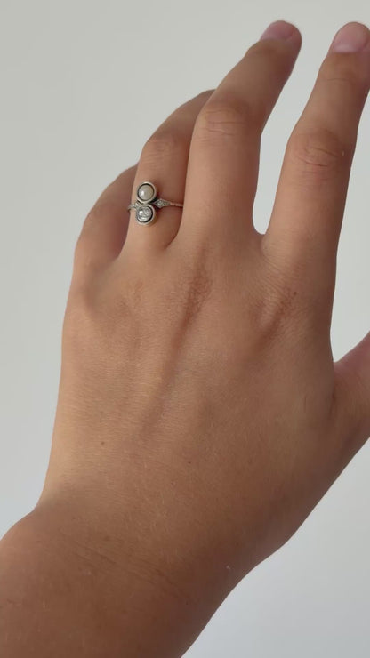Antique Toi et Moi 14k Old Cut Diamond and Pearl Ring
