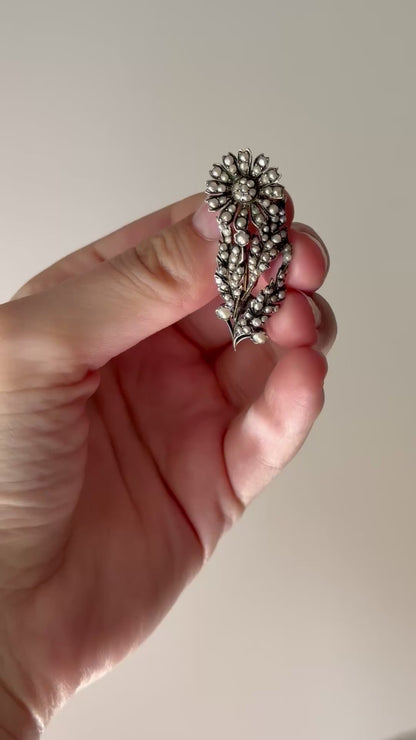 Antique Pearl Flower Spray Silver Brooch