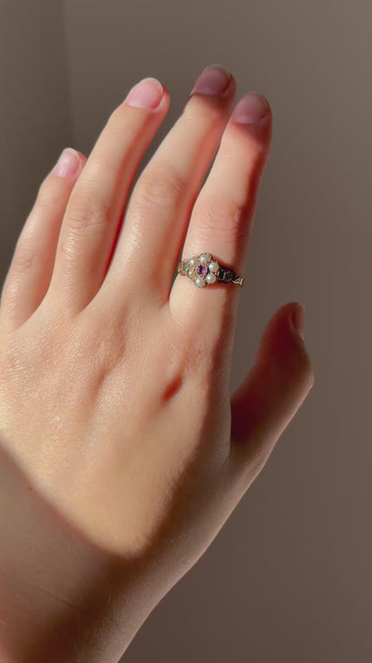Antique Georgian Ruby Emerald Pearl Flower Ring 9ct Gold