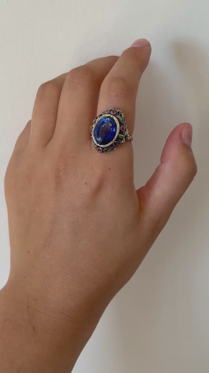 Antique Sapphire and Rubies Statement Ring in 18k Gold and Silver